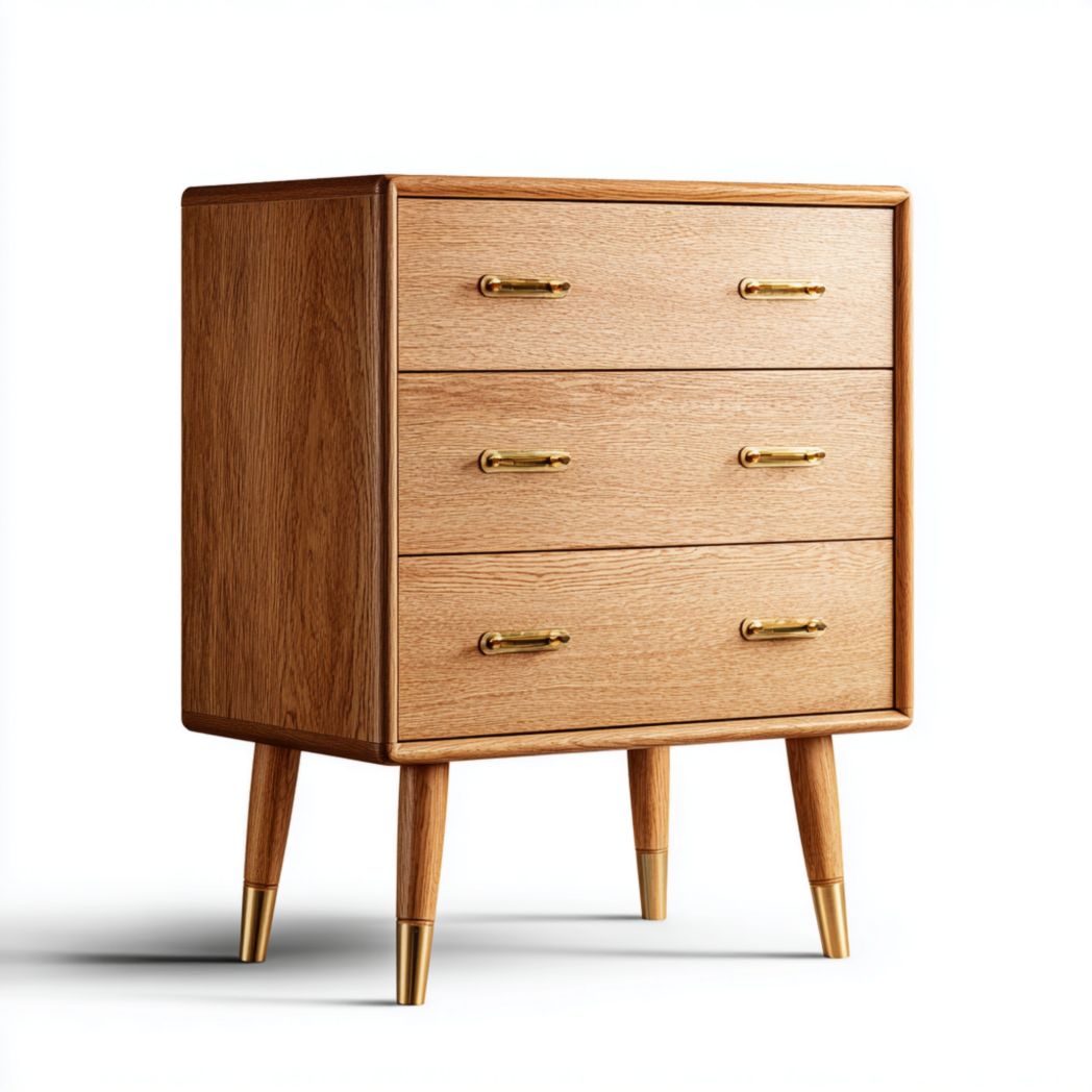 Commode en bois clair à trois tiroirs, poignées dorées, piètement haut