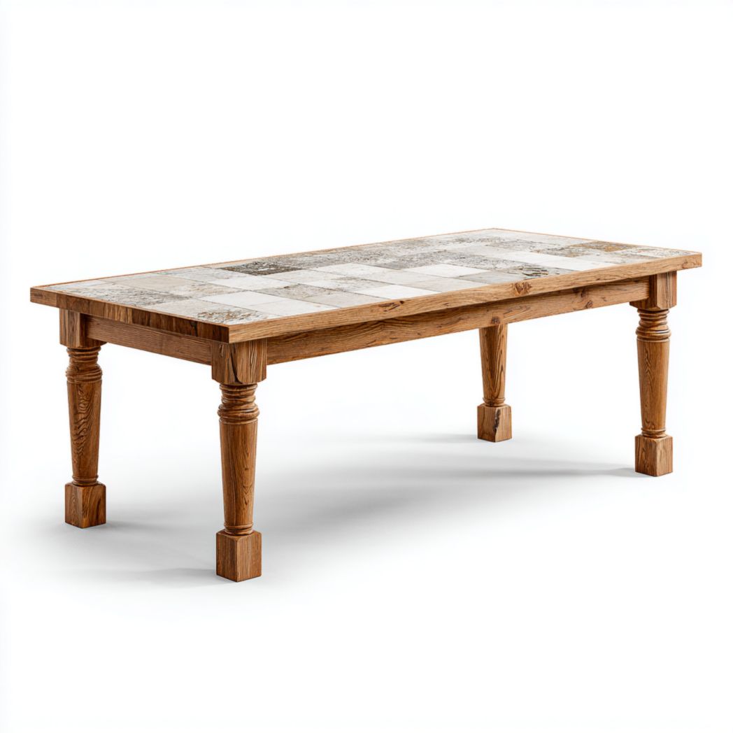 Table basse rectangulaire en bois, plateau à incrustations de pierre, quatre pieds