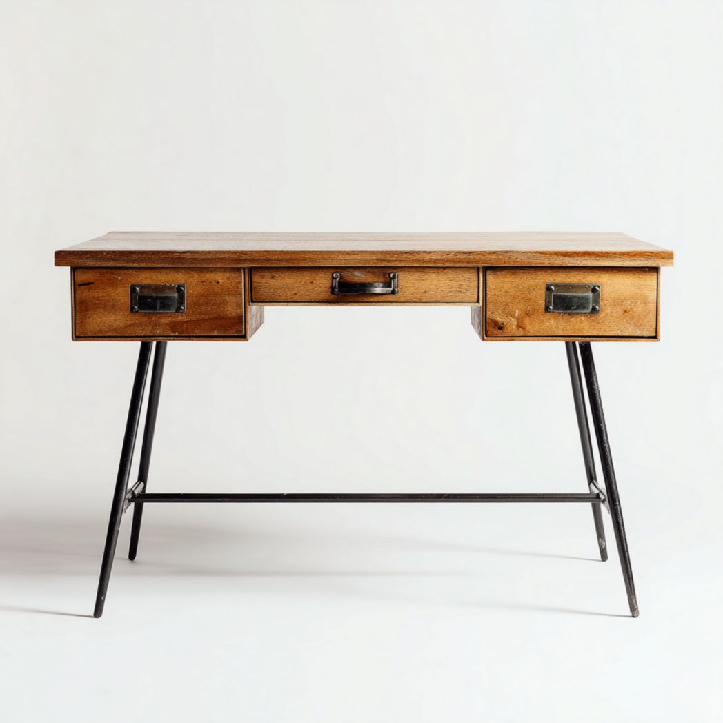 Bureau avec plateau en bois et pieds métalliques noirs, design symétrique à trois tiroirs