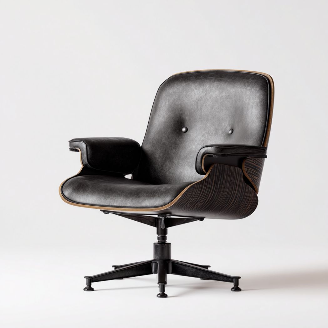 Fauteuil de bureau avec coque en bois, assise en cuir noir et base pivotante à cinq branches