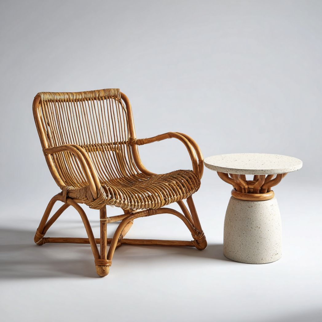Fauteuil en rotin naturel avec petite table ronde en rotin et plateau pierre artificielle sans coussin