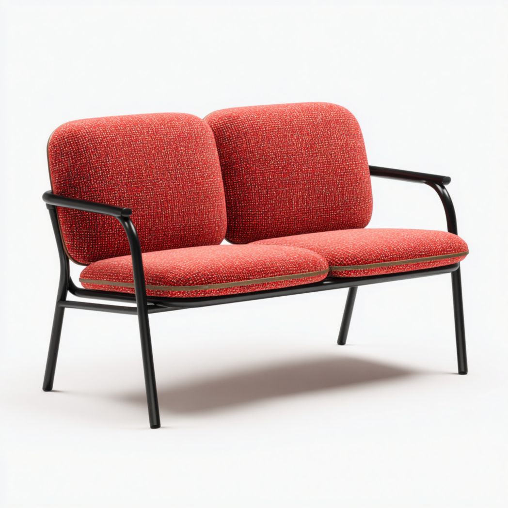 Canapé 2 places en tissu rouge avec structure métallique et coussins