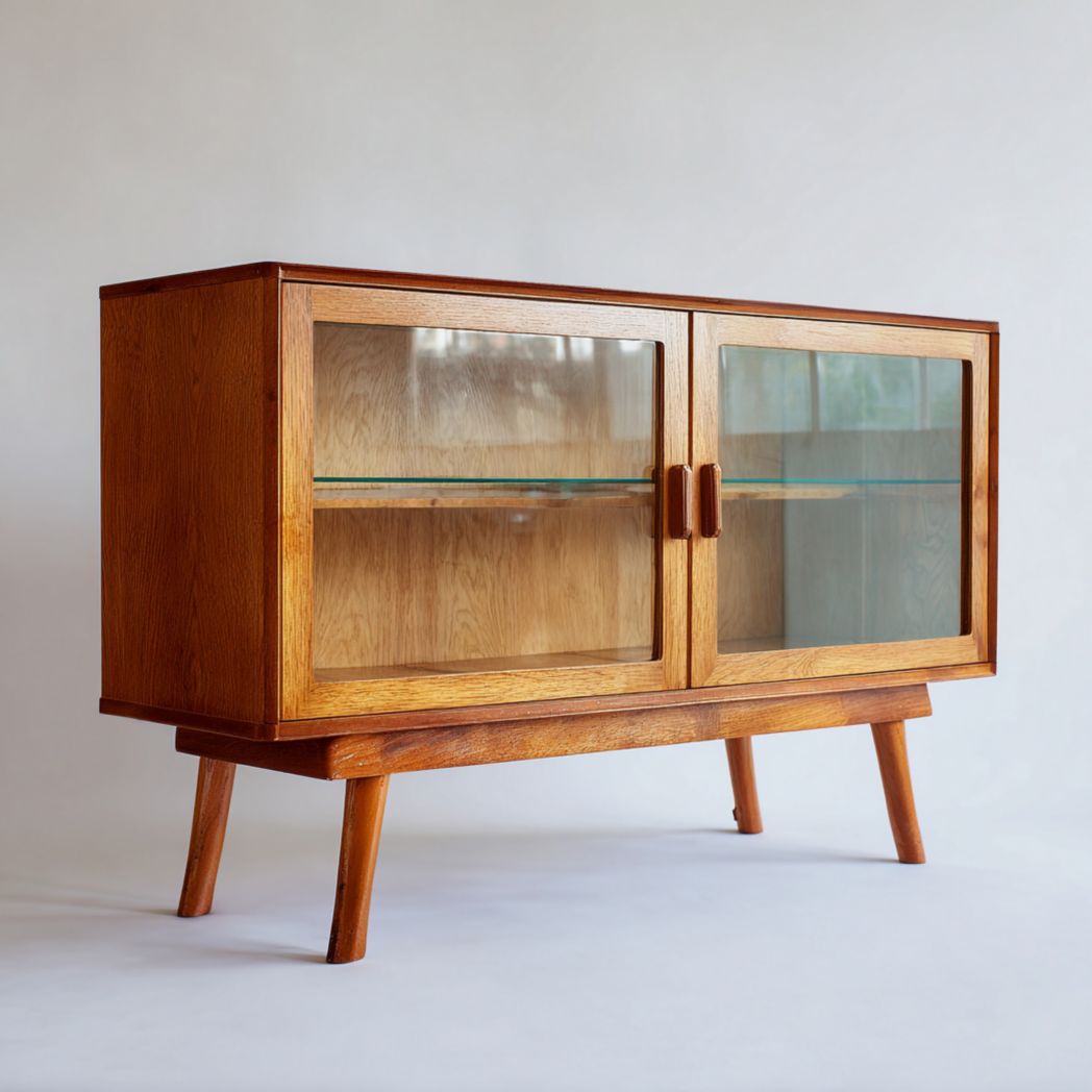 Enfilade en bois, finition brun, deux portes vitrées