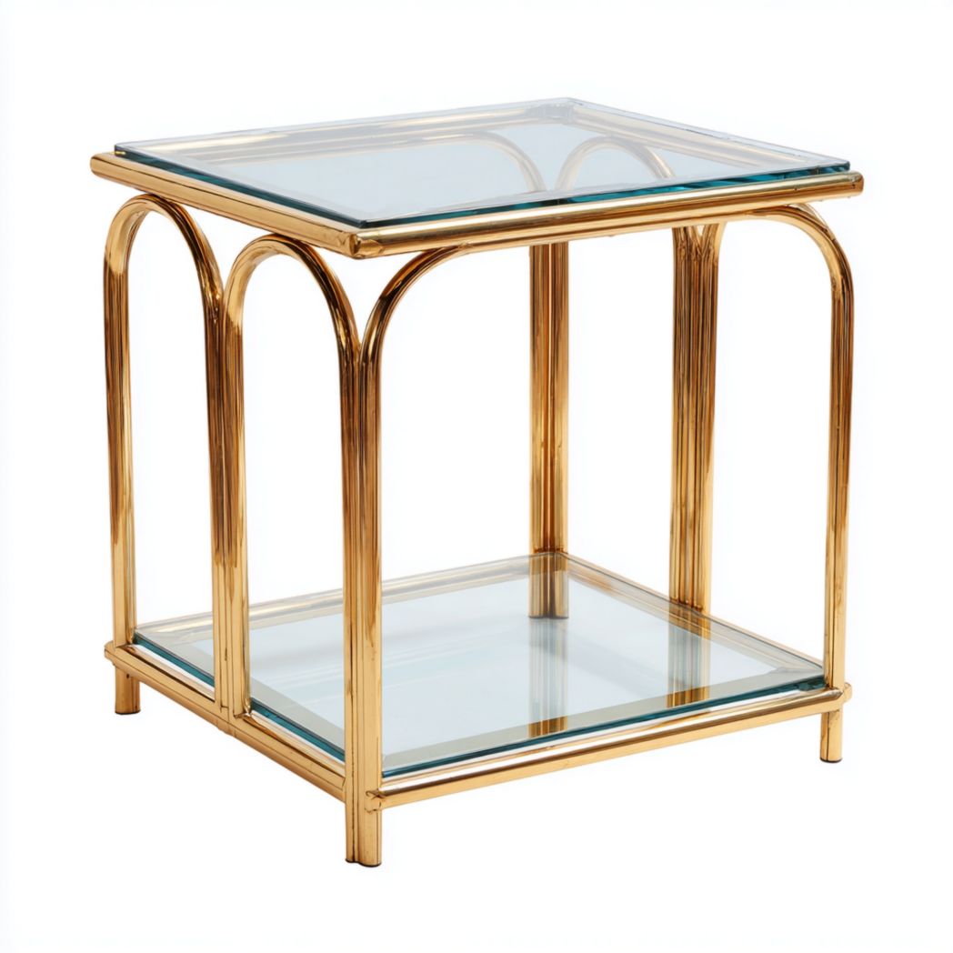 Table basse carrée en verre, structure métallique dorée à deux niveaux