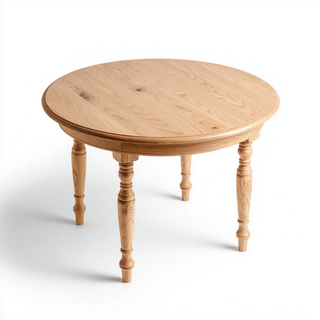 Table ronde en bois massif clair avec plateau à veinure naturelle et pieds sculptés