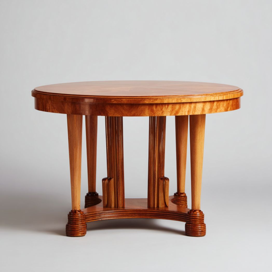 Table basse ronde en bois, support à colonnes multiples et base arquée