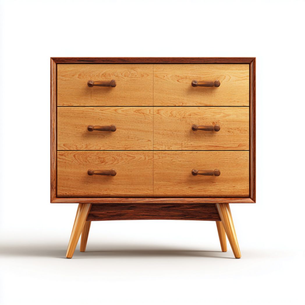 Commode en bois clair à six tiroirs avec cadre foncé et poignées cylindriques en bois