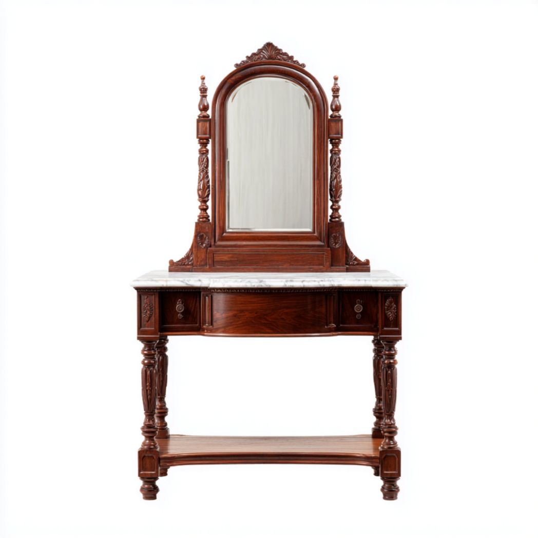 Coiffeuse en bois massif sculpté avec plateau en marbre, miroir arqué et trois tiroirs