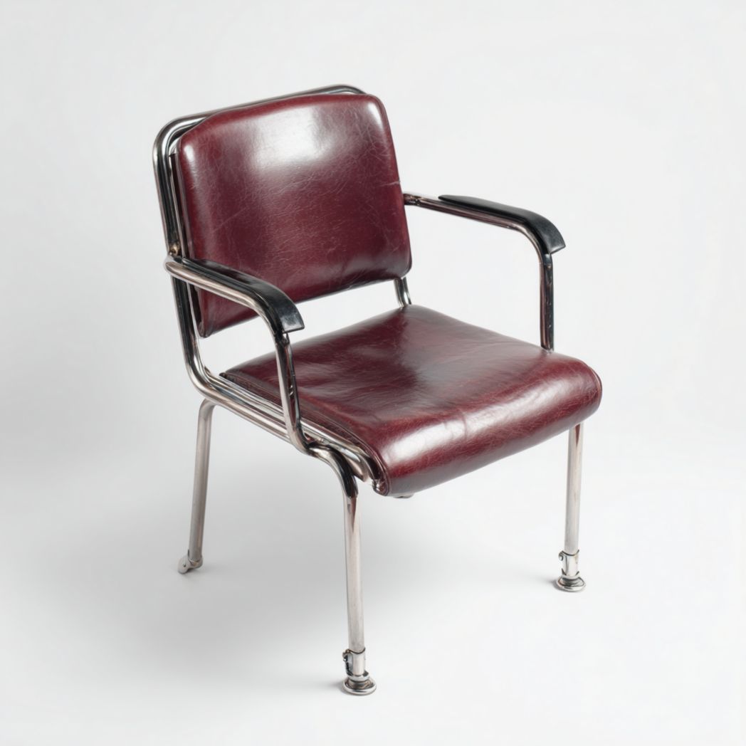 Fauteuil de bureau à structure métallique, assise en cuir bordeaux et pieds droits