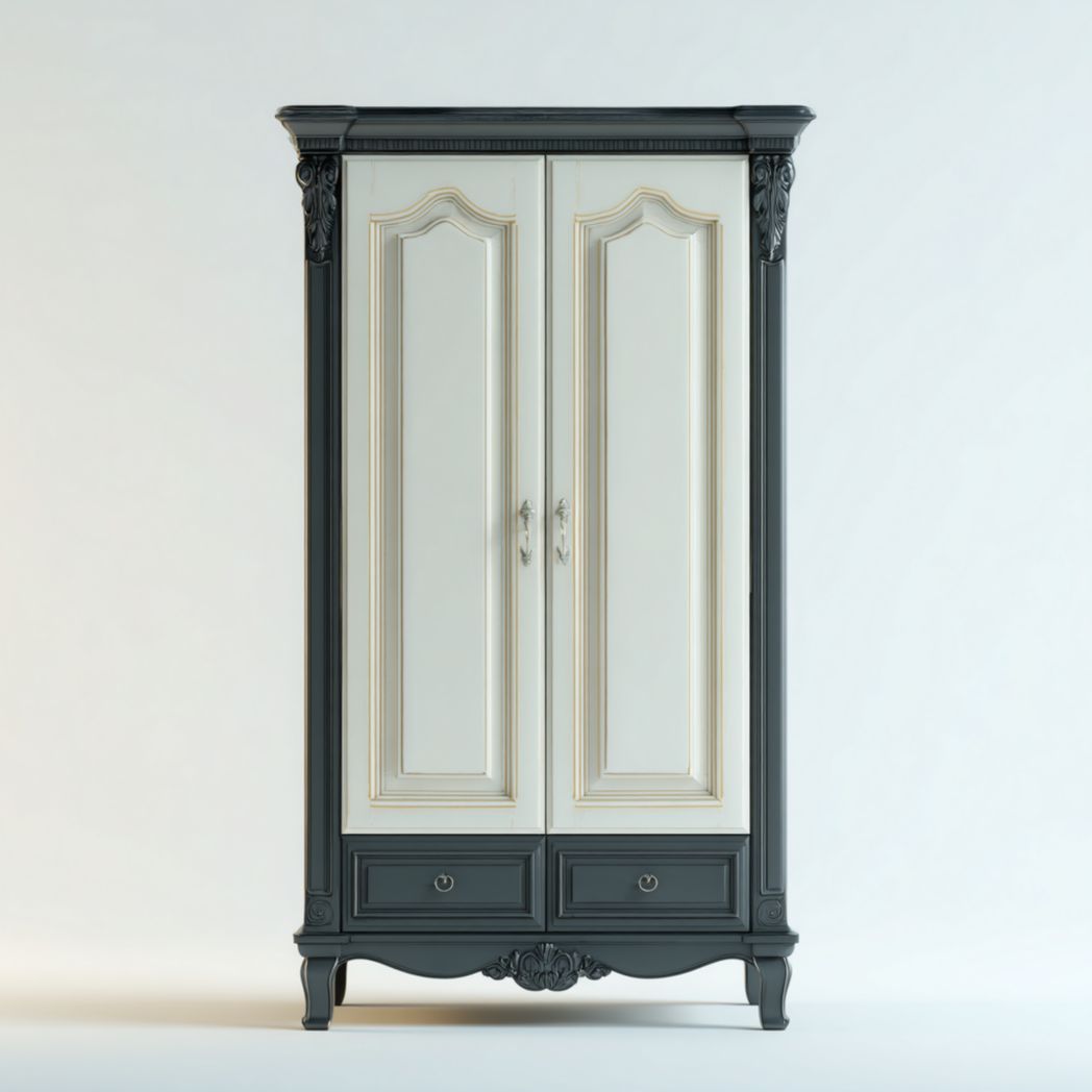 Armoire bicolore noir et blanc avec deux portes sculptées et deux tiroirs