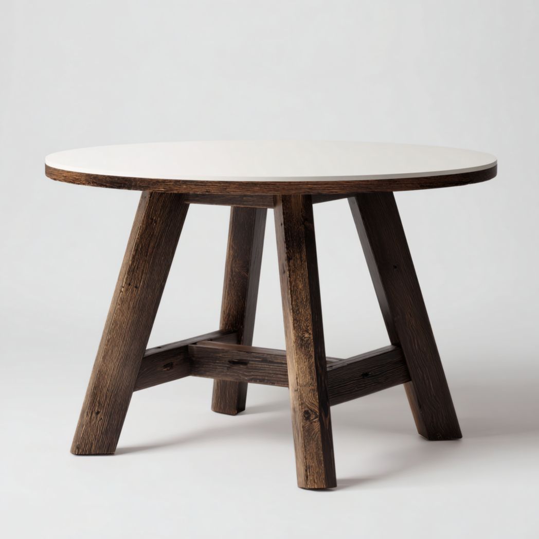 Table ronde avec plateau blanc et piètement en bois massif brun foncé