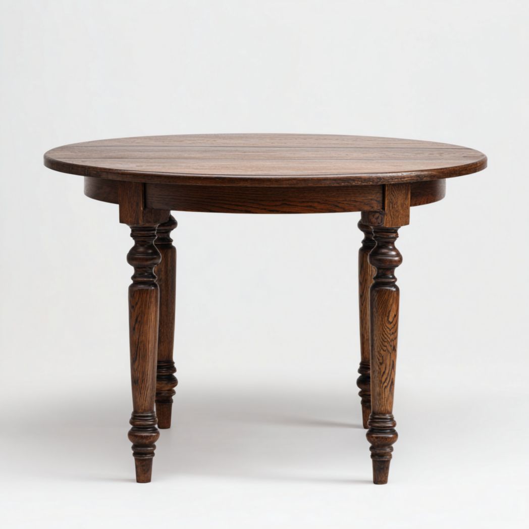 Table ronde en bois massif brun foncé avec plateau circulaire et pieds tournés sculptés