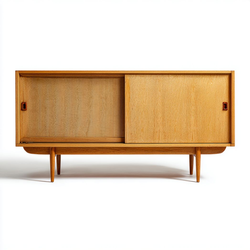 Enfilade en bois, finition brun clair, deux portes coulissantes