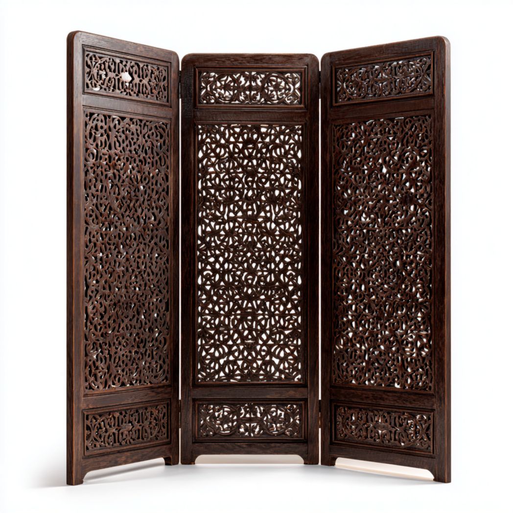 Paravent 3 panneaux bois brun foncé avec motifs ajourés sculptés