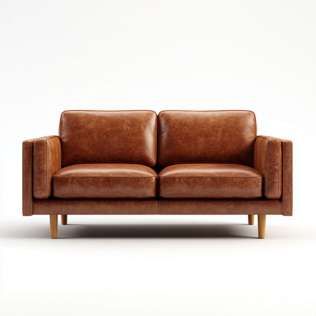 Canapé 2 places cuir brun clair avec pieds en bois, coussins amovibles