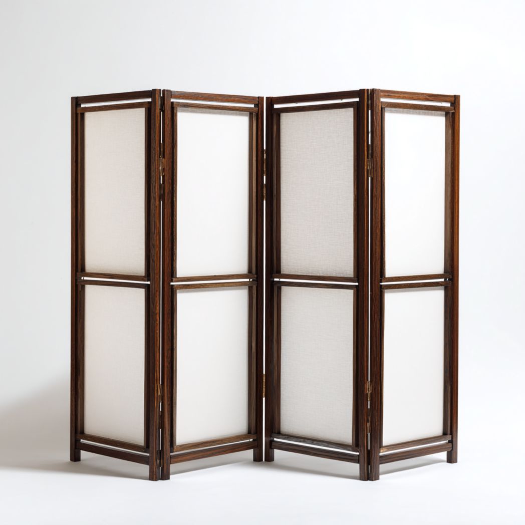 Paravent à 4 panneaux cadre bois brun foncé panneaux tissu beige