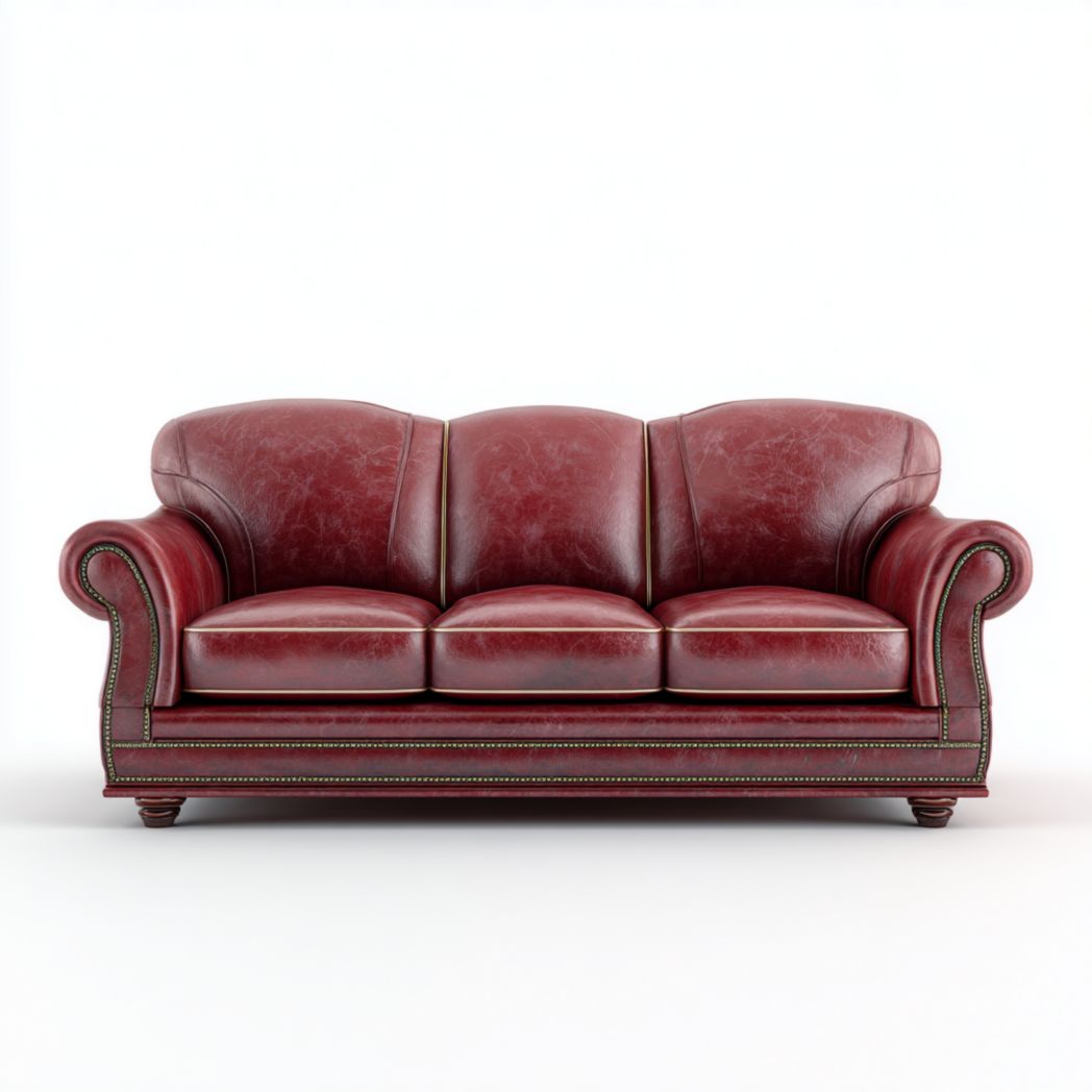 Canapé 3 places cuir rouge avec dossiers et assises, accoudoirs roulés