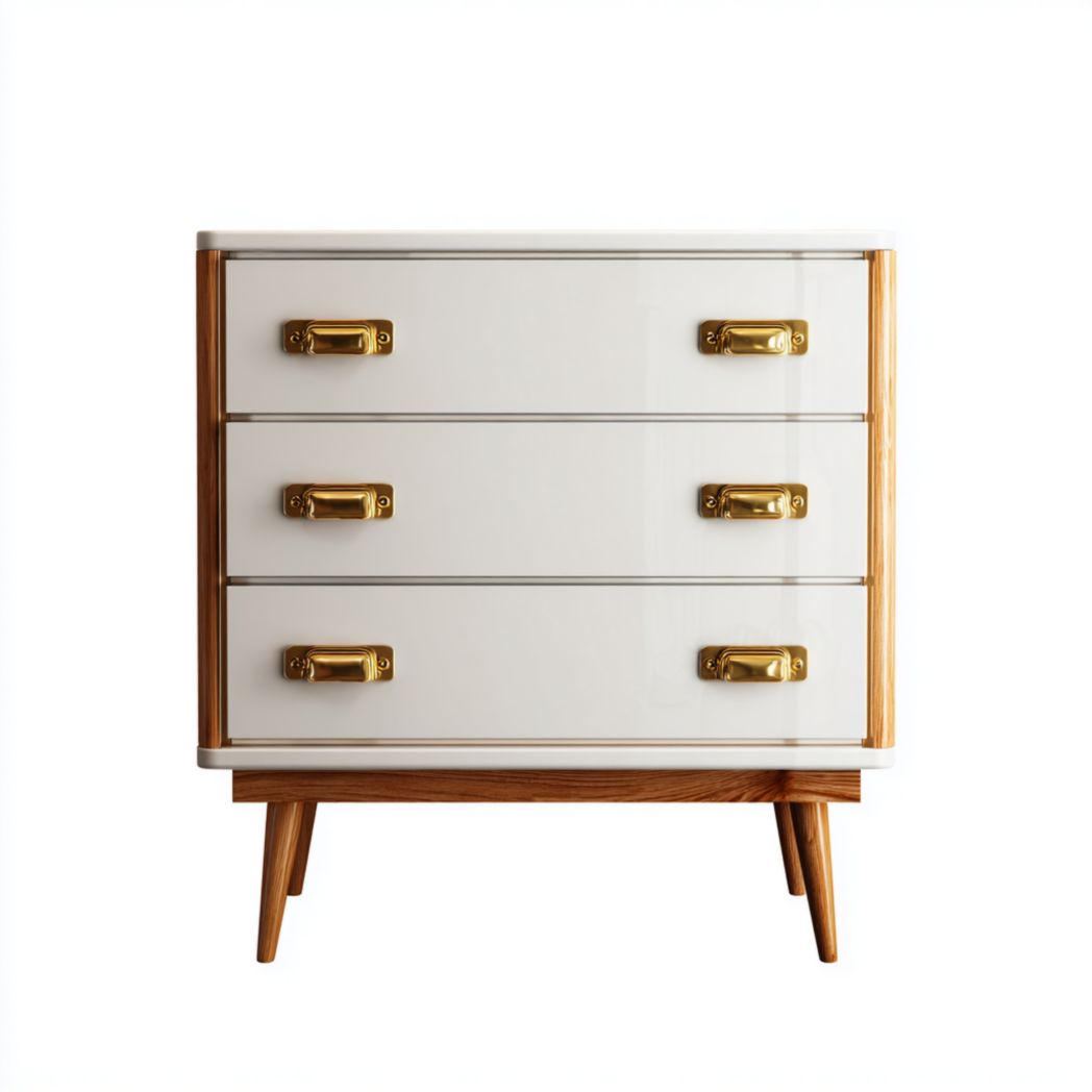 Commode en bois à trois tiroirs avec façades blanches et poignées métalliques dorées