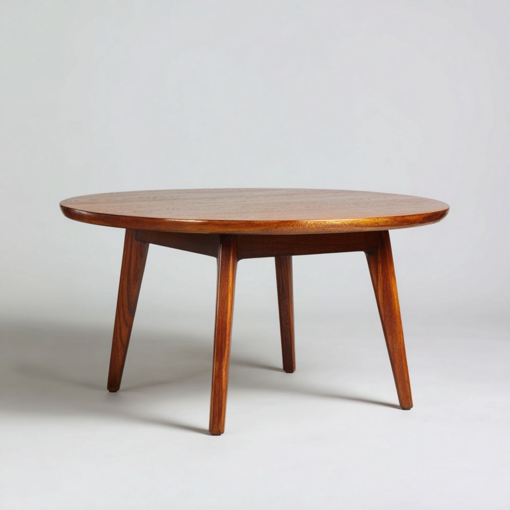 Table ronde en bois massif brun avec plateau circulaire et pieds droits inclinés