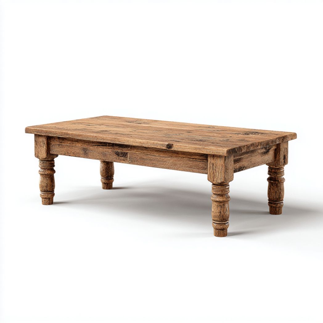 Table basse rectangulaire en bois, plateau à veinures naturelles et pieds sculptés