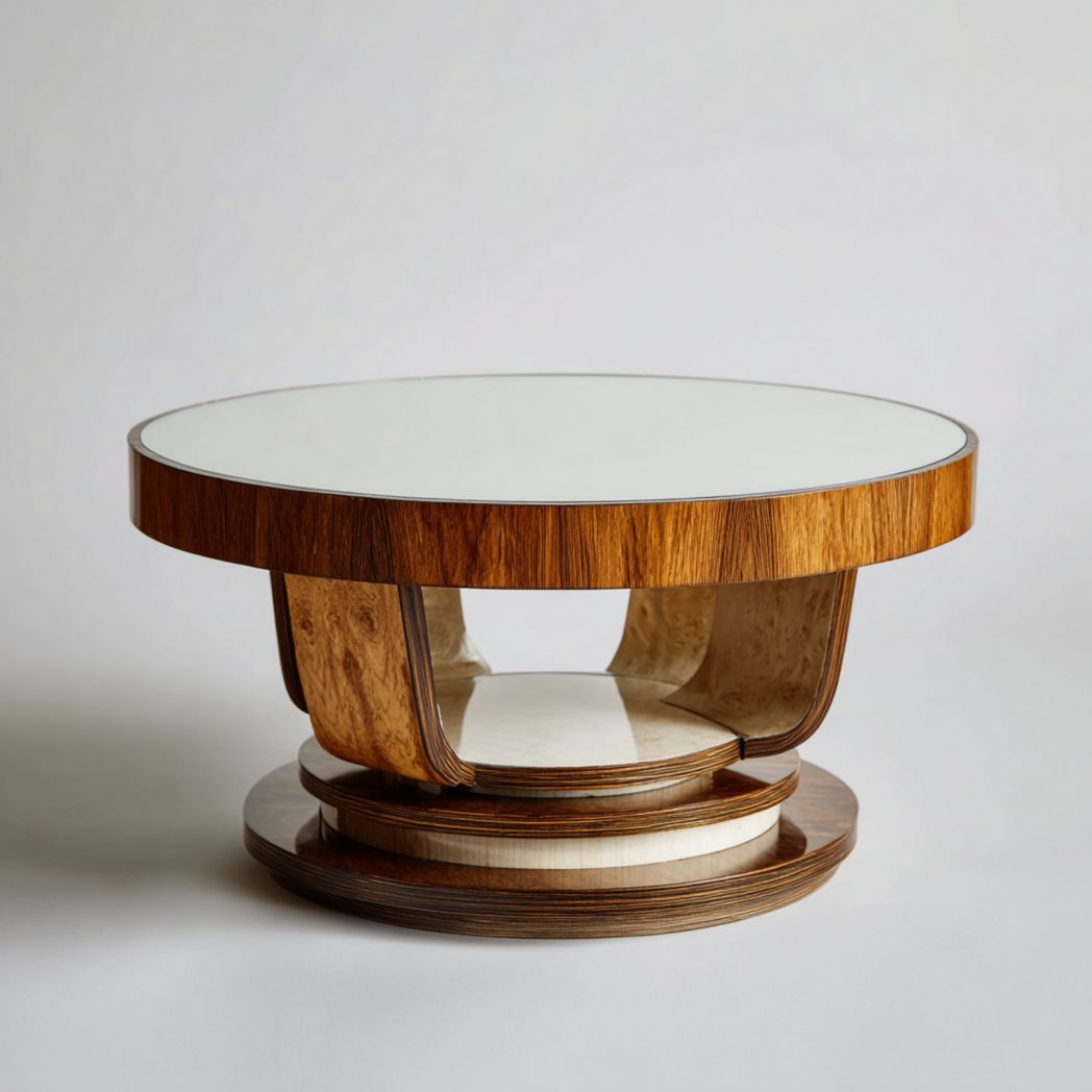 Table ronde en bois et verre, finition brun à motif bois, base à niveaux