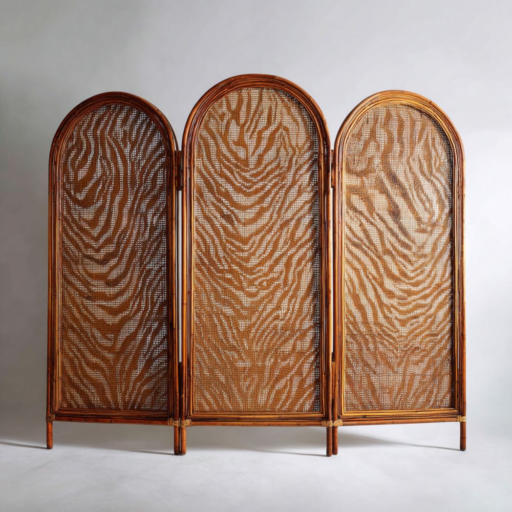 Paravent 3 panneaux arche cannage brun