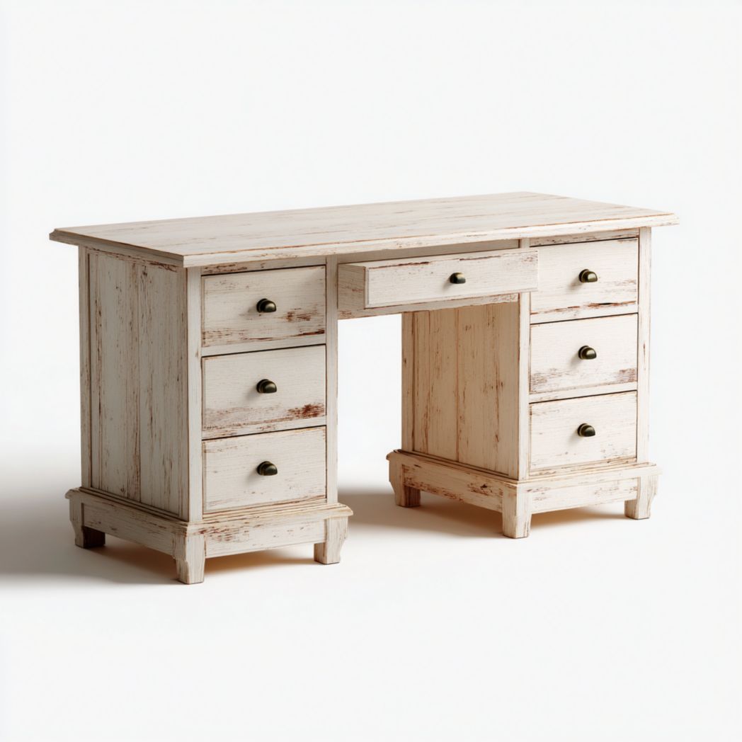 Bureau en bois massif blanc vieilli, design avec six tiroirs latéraux et un tiroir central