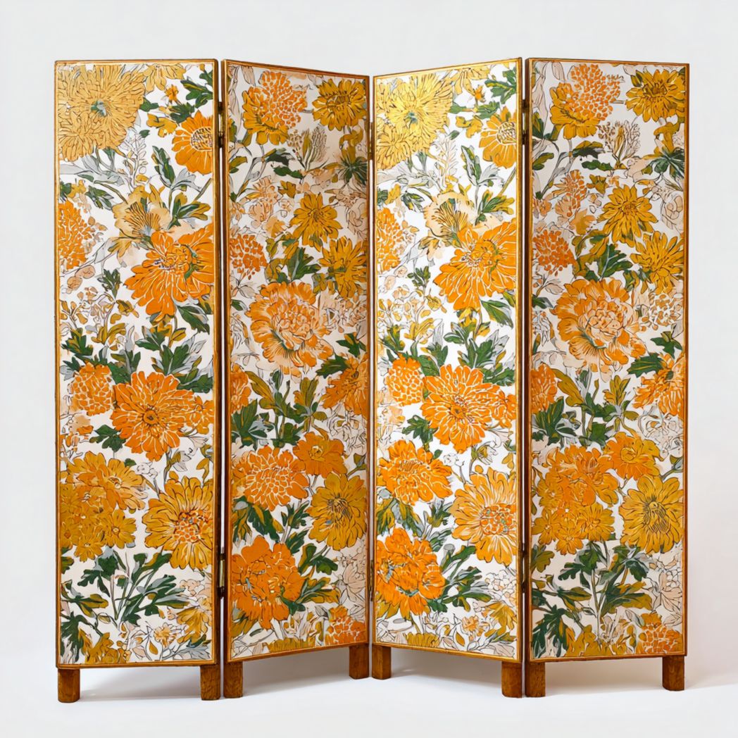 Paravent à 4 panneaux bois tissu motifs floraux multicolores pliants
