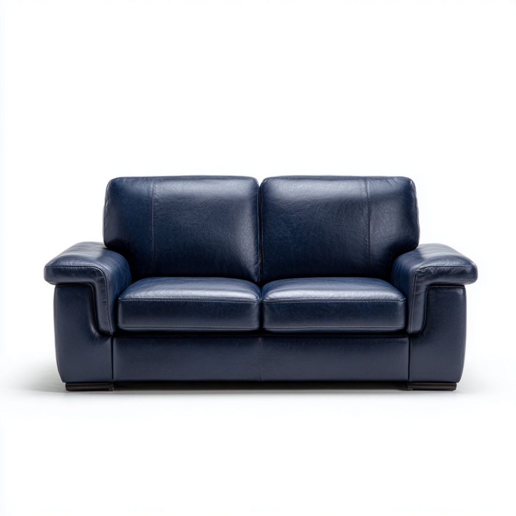 Canapé 2 places cuir bleu foncé accoudoirs épais avec deux dossiers et deux assises