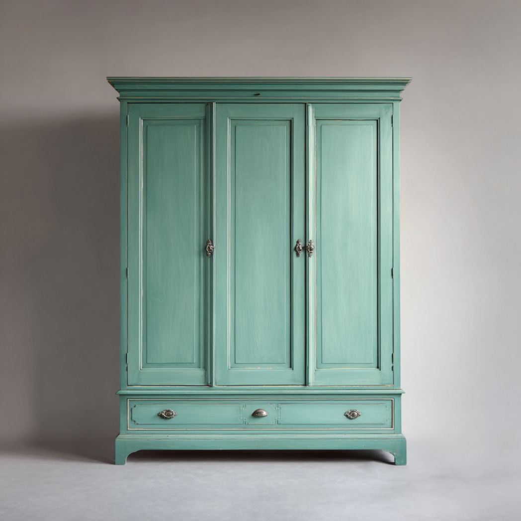 Armoire en bois vert à trois portes et un tiroir avec poignées métalliques