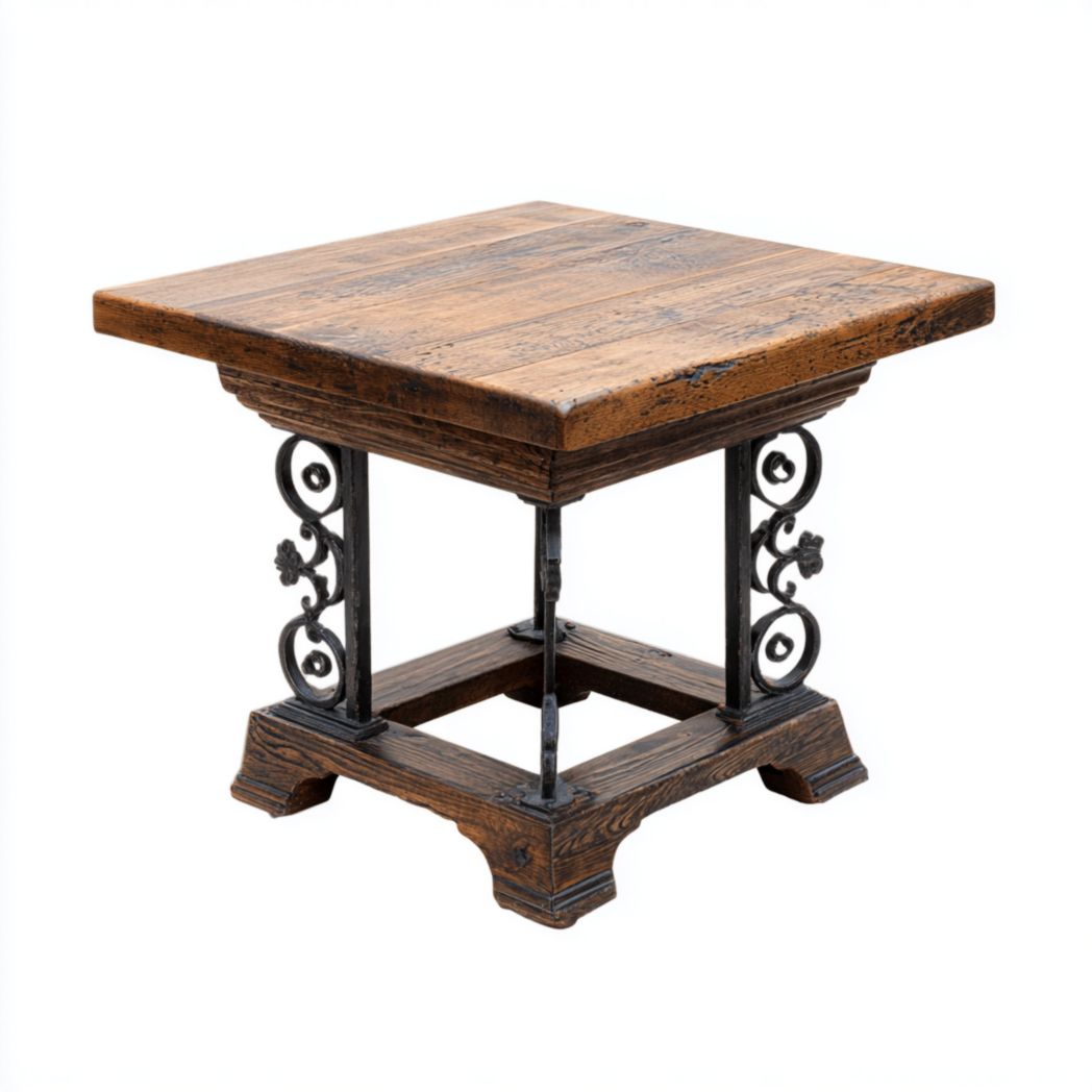 Table basse carrée en bois, support en fer forgé et base sculptée