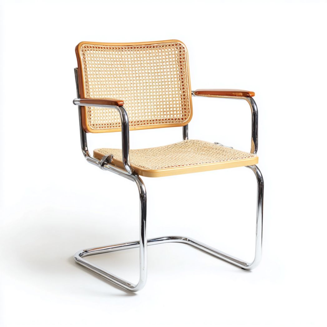 Fauteuil de bureau avec dossier et assise en rotin, accoudoirs en bois et cadre tubulaire métallique