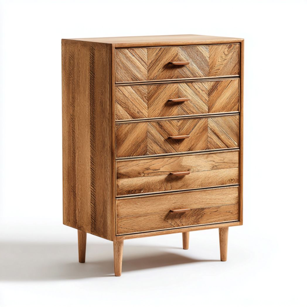 Commode verticale en bois à cinq tiroirs avec motif en chevrons