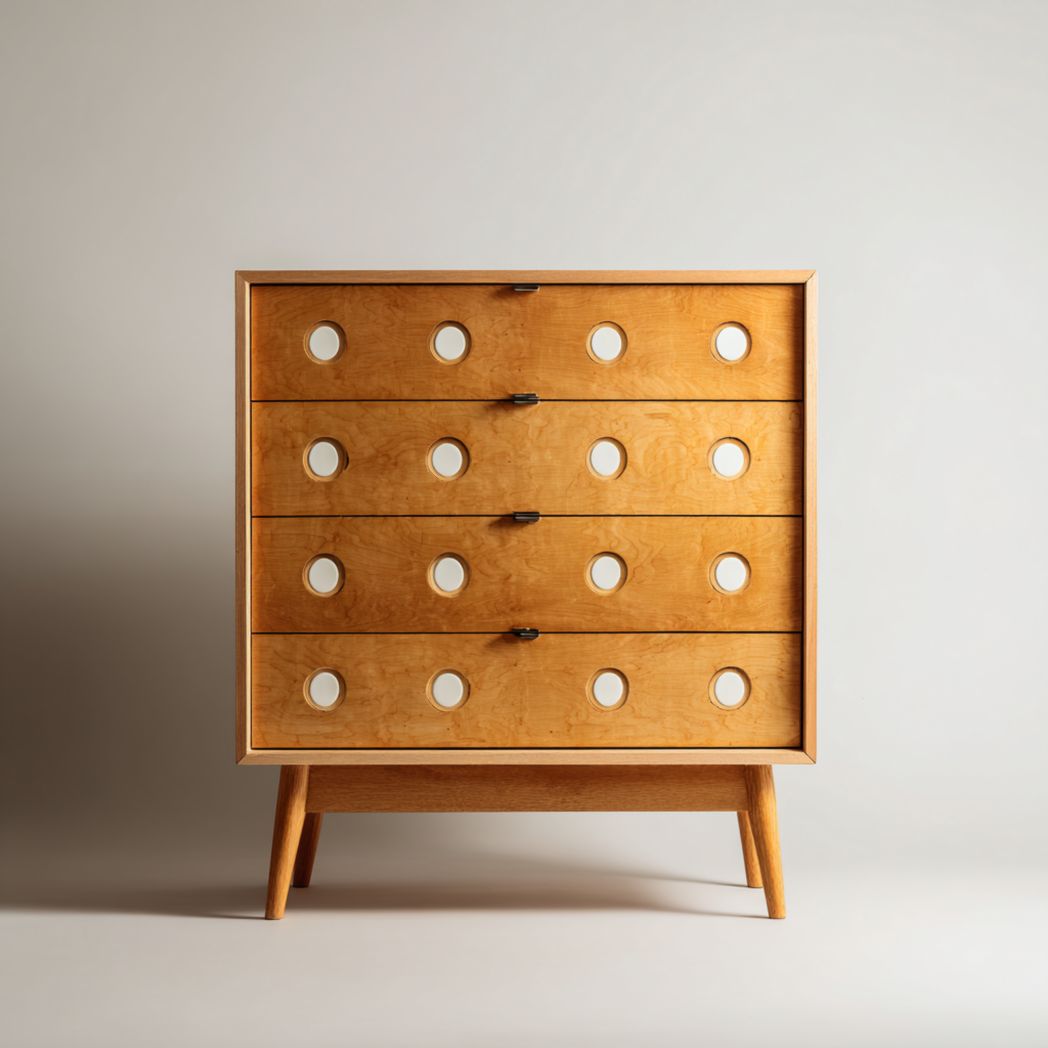 Commode en bois clair à quatre tiroirs avec décor perforé circulaire