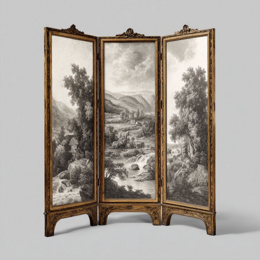 Paravent 3 panneaux bois sculpté brun foncé avec décor paysage