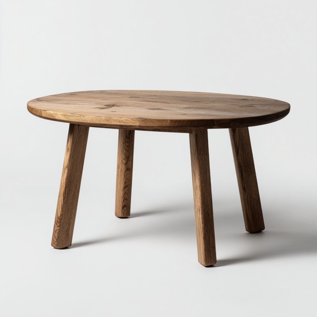Table ronde en bois massif, finition brun, piètement à quatre pieds