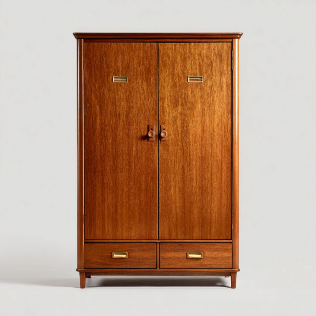 Armoire en bois brun foncé à deux portes et deux tiroirs