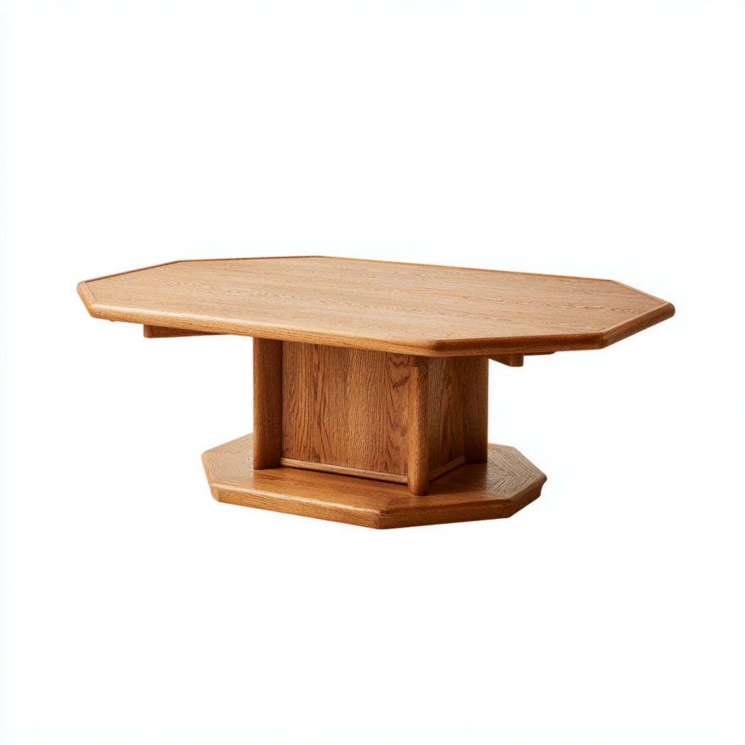 Table basse octogonale en bois, support central et base assortie