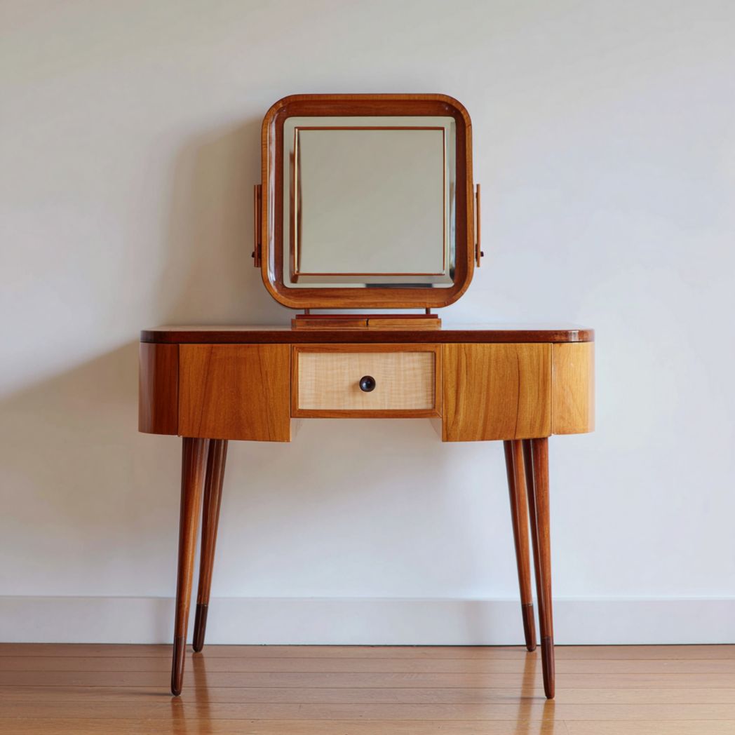 Coiffeuse en bois avec miroir carré, un tiroir et pieds longs