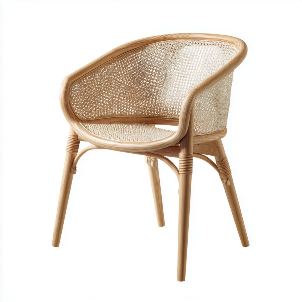 Fauteuil en rotin naturel avec dossier arrondi et structure en bois clair