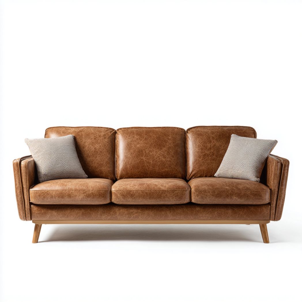 Canapé 3 places cuir marron avec coussins d’assise et de dossier, pieds en bois et coussins décoratifs