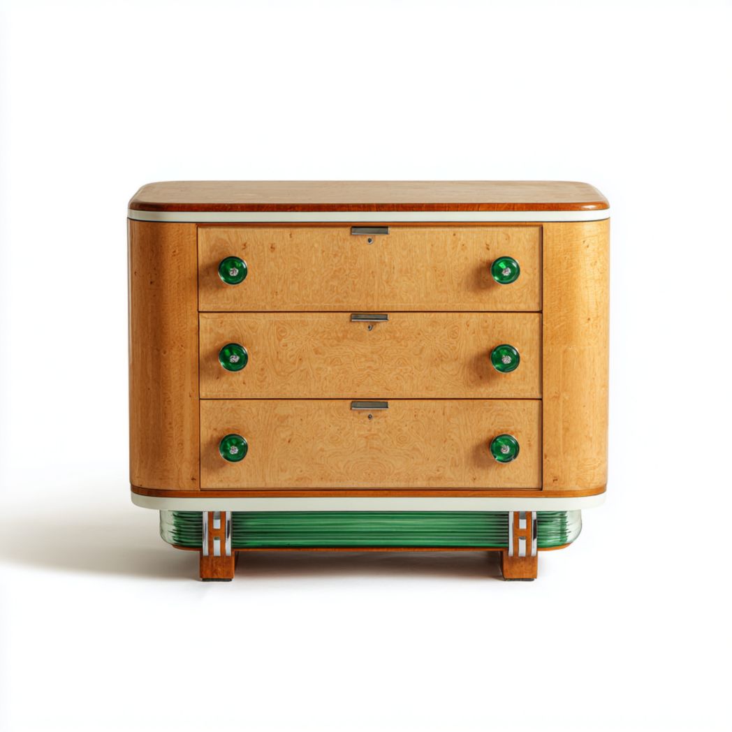 Commode en bois clair à trois tiroirs, coins arrondis, poignées rondes vertes