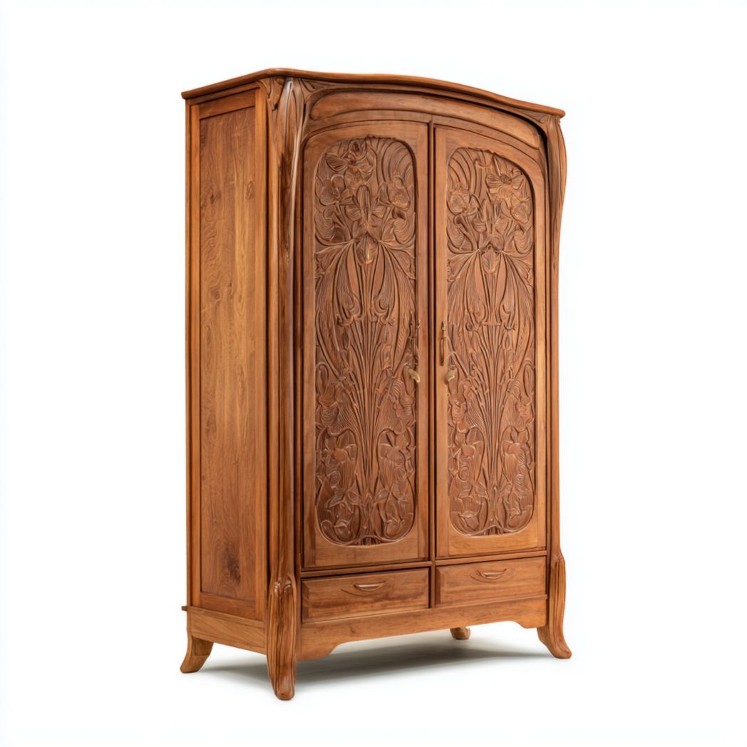 Armoire en bois brun clair à deux portes sculptées et deux tiroirs