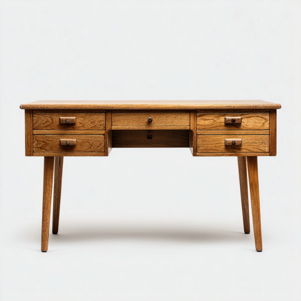 Bureau en bois massif naturel, design avec quatre tiroirs latéraux et un tiroir central