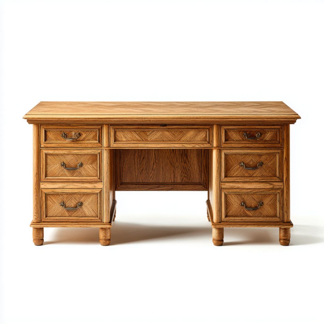 Bureau en bois massif brun clair, design avec six tiroirs latéraux et un tiroir central