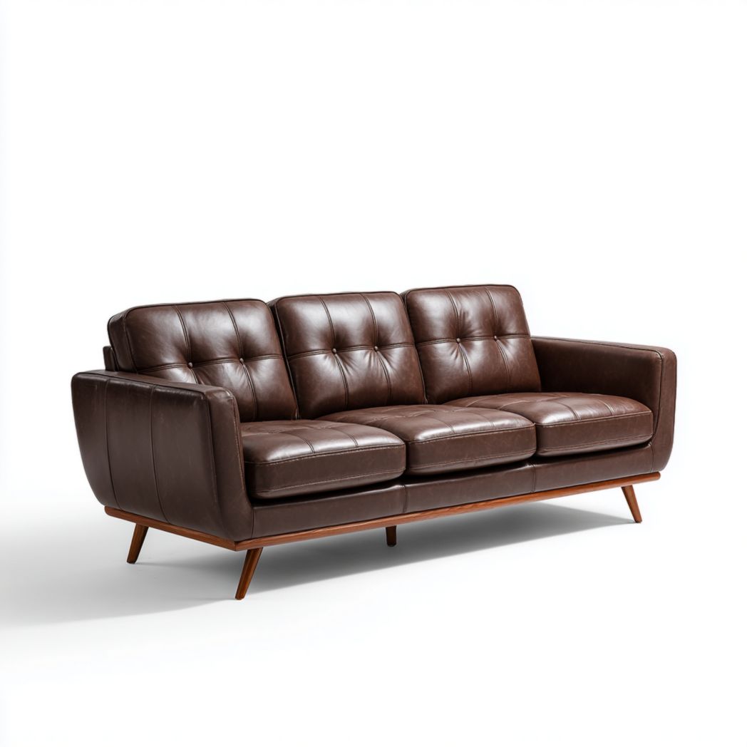 Canapé 3 places en cuir marron avec accoudoirs droits et pieds en bois inclinés