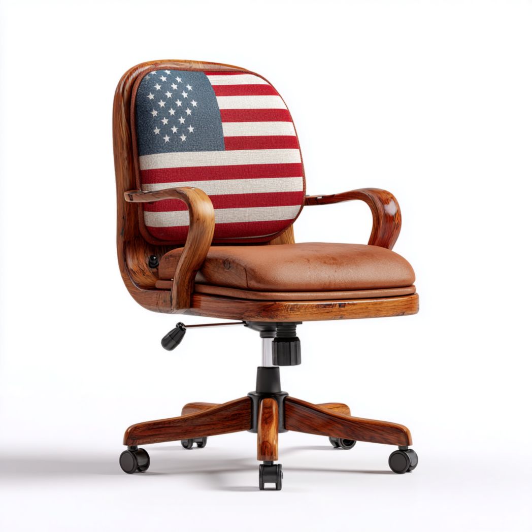 Fauteuil de bureau en bois, assise en cuir brun et dossier en tissu à motifs avec base à roulettes