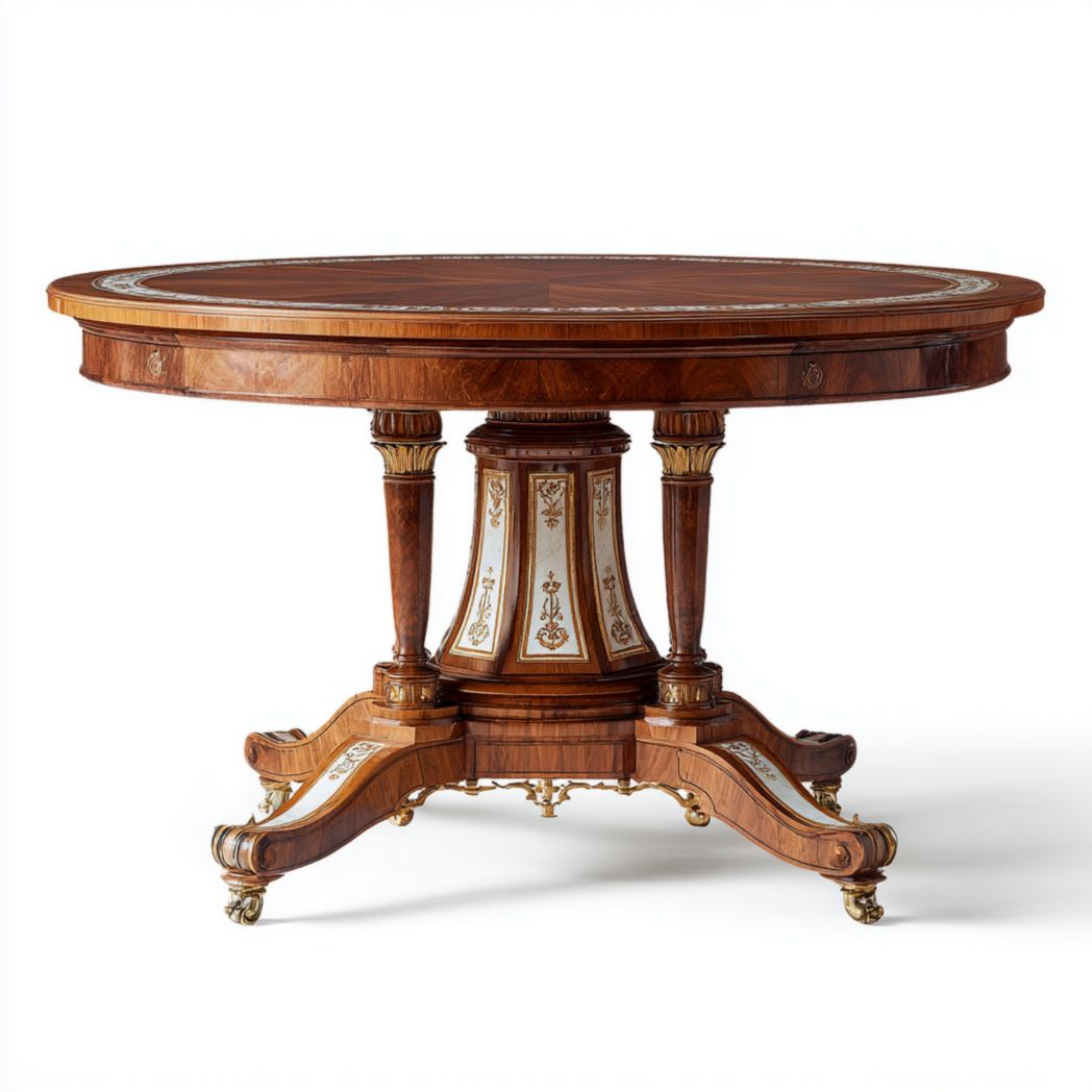 Table ronde en bois massif brun foncé avec incrustations décoratives et base à colonnes multiples