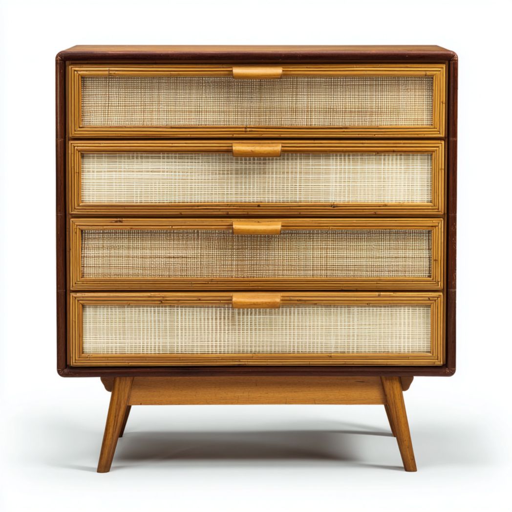 Commode en bois à quatre tiroirs avec façades en rotin et pieds inclinés