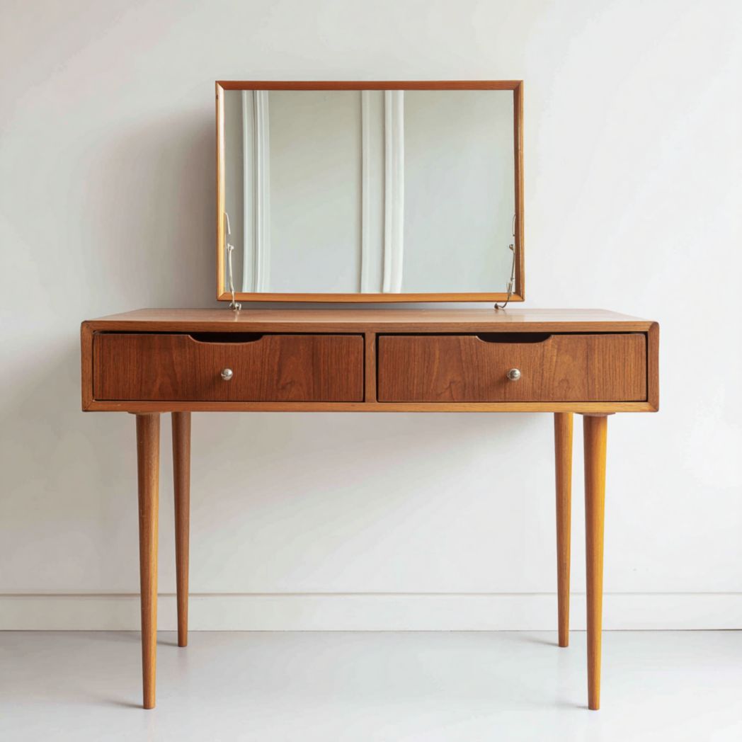 Coiffeuse en bois massif brun avec miroir rectangulaire et deux tiroirs